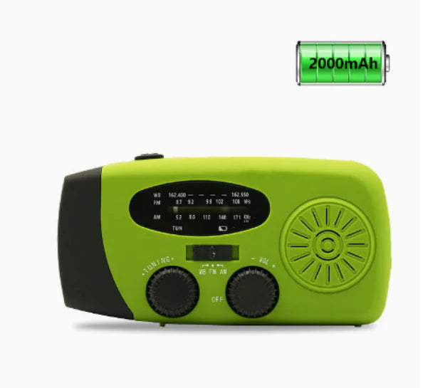 Emergency radio with flashlight, green design, 2000mAh battery, AM/FM/WB bands, solar panel, USB charging.