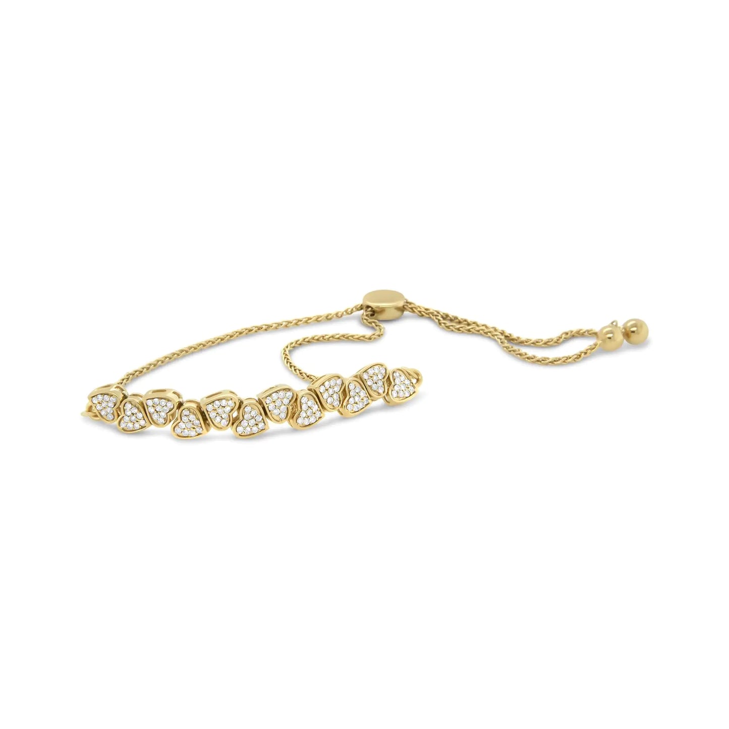 Yellow Gold Plated .925 Sterling Silver 1/2 Cttw Diamond Sideways Hearts Bolo Bracelet (H-I Color, I1-I2 Clarity) - 4”-10” Adjustable - Anti Spier 