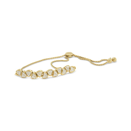 Yellow Gold Plated .925 Sterling Silver 1/2 Cttw Diamond Sideways Hearts Bolo Bracelet (H-I Color, I1-I2 Clarity) - 4”-10” Adjustable - Anti Spier 