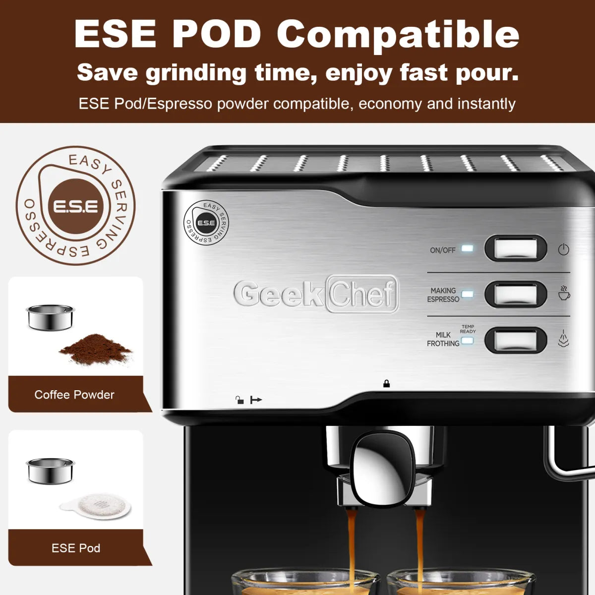 Geek Chef Espresso Machine, Espresso&Cappuccino Latte Maker 20 Bar Coffee Machine Compatible With ESE POD Capsules Filter&Milk Frother Steam Wand, 950W, 1.5L Water Tank,Ban