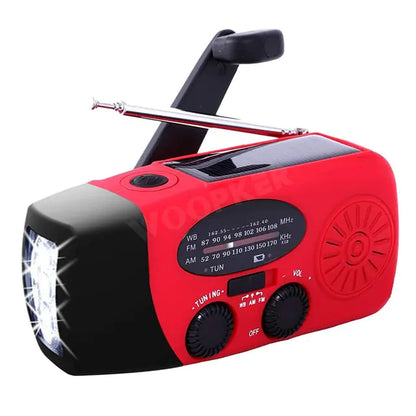 Versatile emergency radio with flashlight, compact and durable, red, features AM/FM/WB bands, solar panel, USB charger, and 3-LED flashlight.
