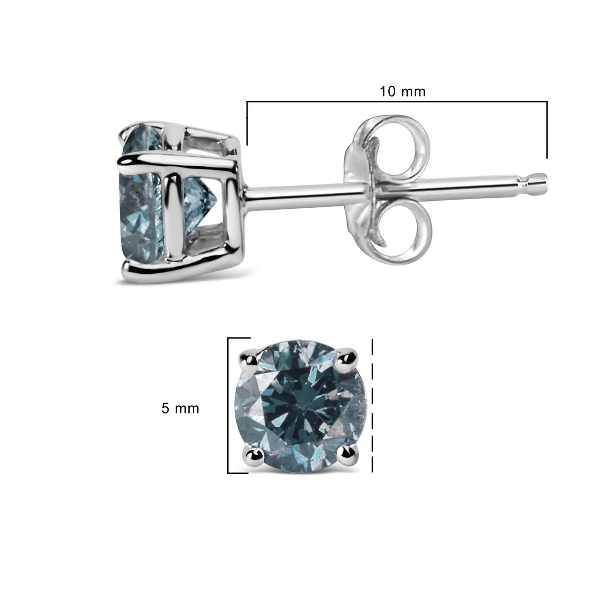 14K Gold Round Brilliant Cut Lab Grown Blue Diamond 4-Prong Classic Solitaire Stud Earrings with Pushbacks - Anti Spier 