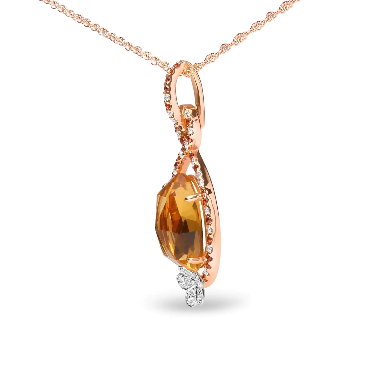 18K Rose Gold 1/5 Cttw Diamond and Oval Yellow Citrine and Round Orange Sapphire Gemstone Openwork Halo Teardrop with Flower Design 18" Pendant Necklace (G-H Color, SI1-SI2 Clarity) - Anti Spier 