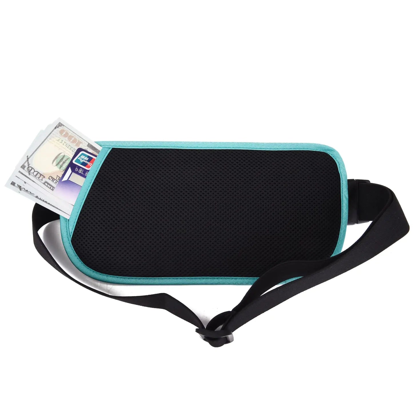 RFID Blocking Money Belt for Men Women, Slim Fanny Pack for Travel，Running,Conceal Waist Wallet for Passport Holder,Phone,Cash(Black Mint Green) Black Mint Green Rfid Blocking & Belt Wide:1.45Inch