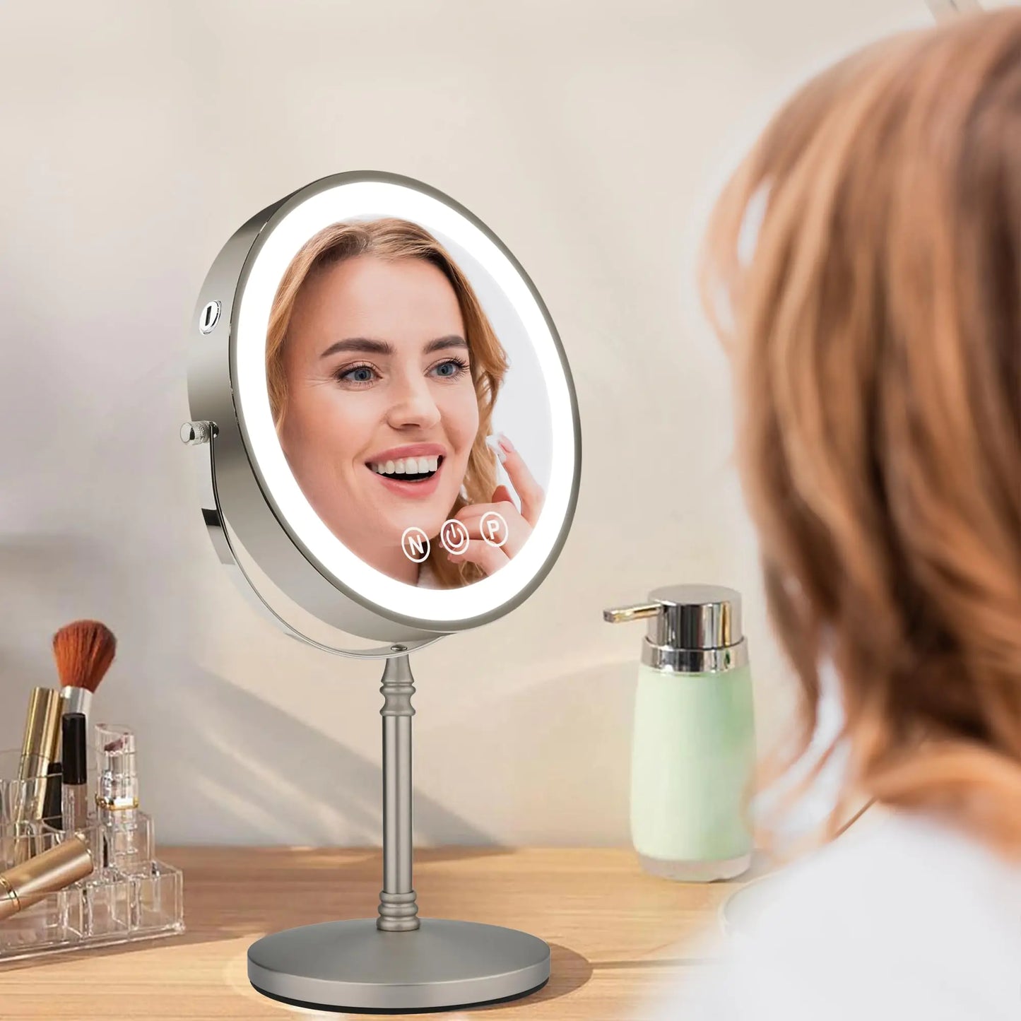 9" Large Makeup Mirror with Lights, 1X/10X Magnifying Vanity Mirror with 3 Colors Dimmable Lightning, 80 LED Lights, 360°Rotation Double Sided Standing Lighted Makeup Mirror Nickel Matte Nickel