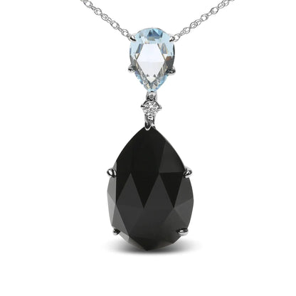 18K White Gold Diamond Accent and Pear Cut Sky Blue Topaz and Pear Cut Black Onyx Dangle Drop 18" Pendant Necklace (G-H Color, SI1-SI2 Clarity) - Anti Spier 