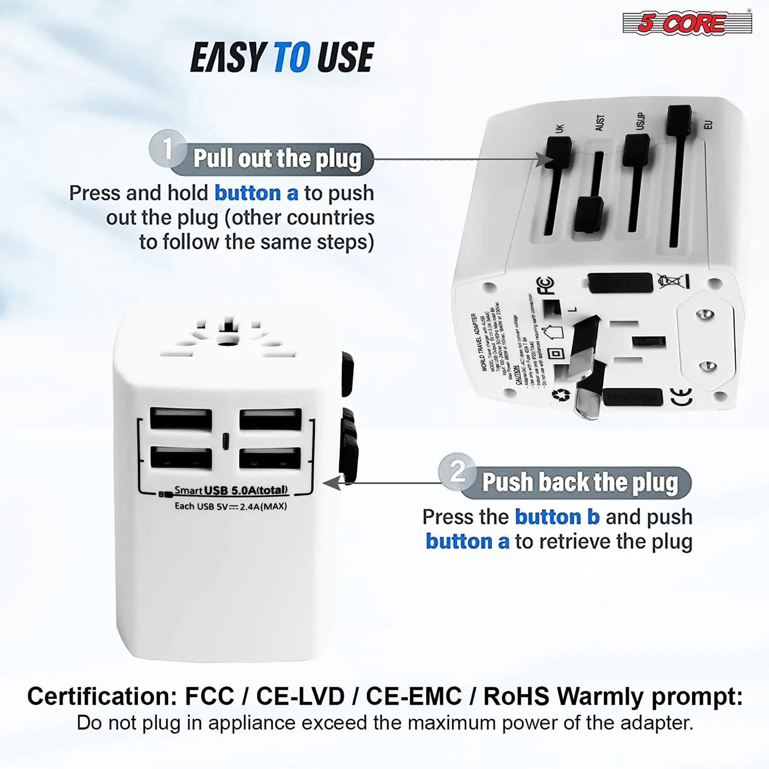 5Core Universal Travel Adapter International Power Adapters 3 Pack Multicharger Plug w 4 USB Ports - Anti Spier 