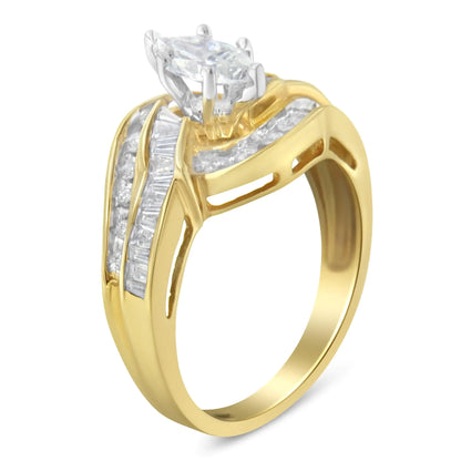 14KT Two-Toned Gold Marquise, Baguette and Round Cut Diamond Bypass Ring (1 cttw, H-I Color, SI1-SI2 Clarity) () - Anti Spier 