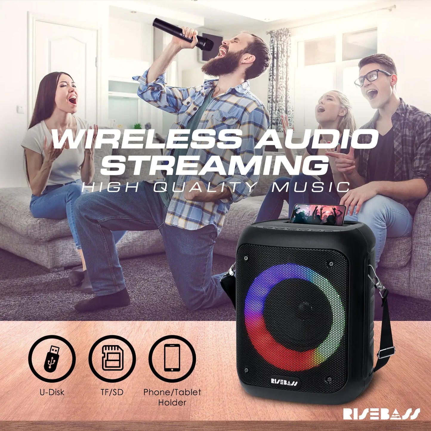 Risebass Portable Karaoke Machine with 2 Wireless Microphones - Bluetooth Rechargeable Speaker with USB/SD/TF Card Support, AUX-in, Tripod Screw Mount and Phone Slot. - Anti Spier 