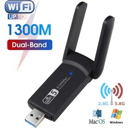 1300Mbps Long Range AC1300 Dual Band 5GHz Wireless USB 3.0 WiFi Adapter Antennas