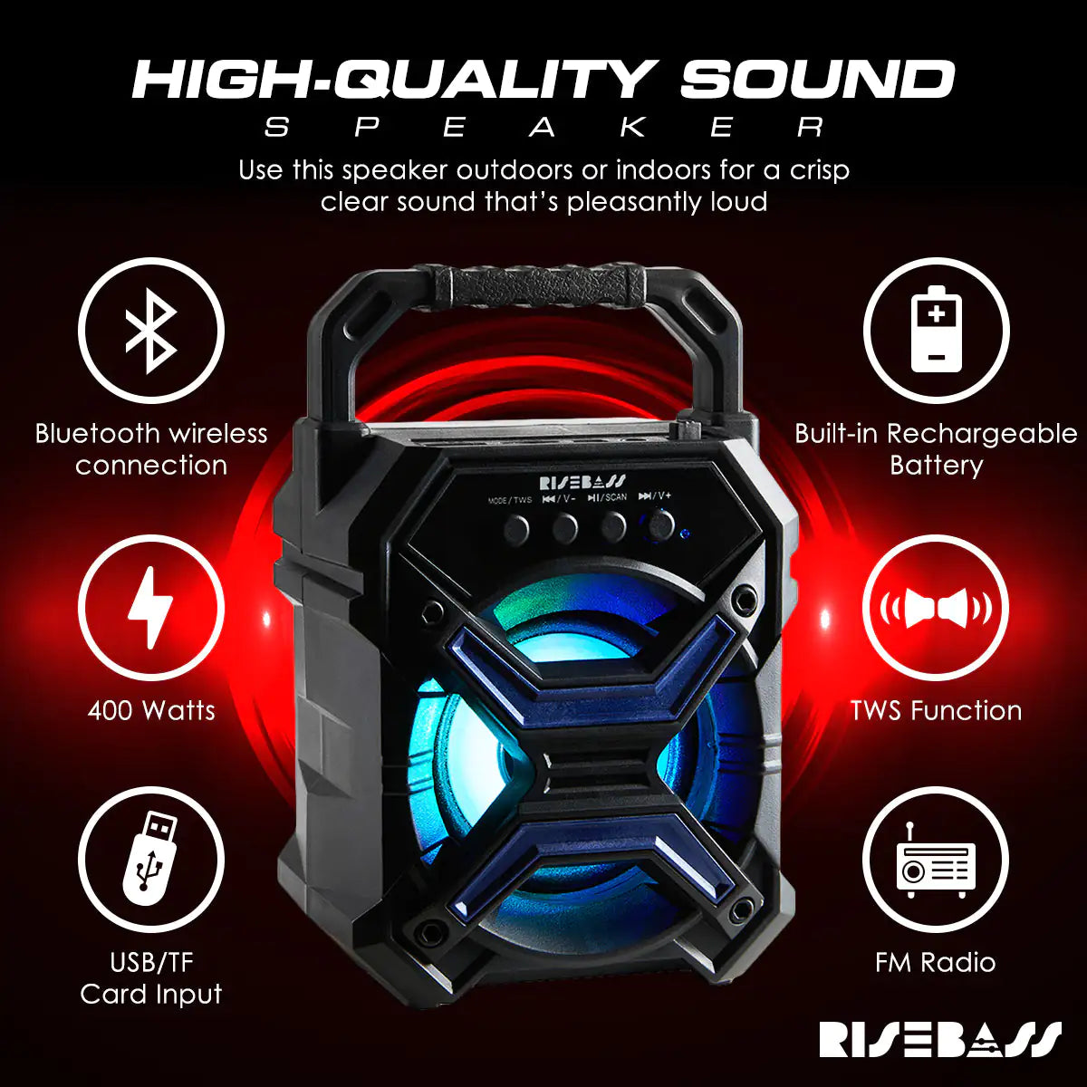 Portable Wireless Bluetooth Speaker with TWS Function - Rechargeable Bluetooth Speaker - LES flashing Lights - Anti Spier 