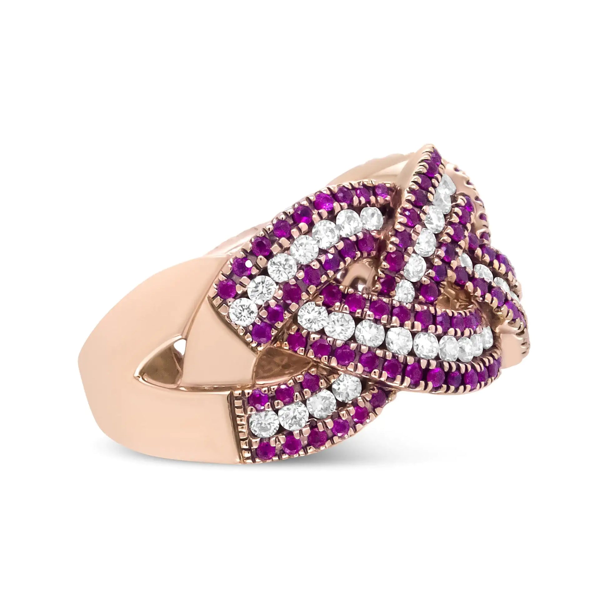 18K Rose Gold Red Ruby and 7/8 Cttw Diamond Woven Braided Band Ring (F-G Color, VS1-VS2 Clarity) - Anti Spier 