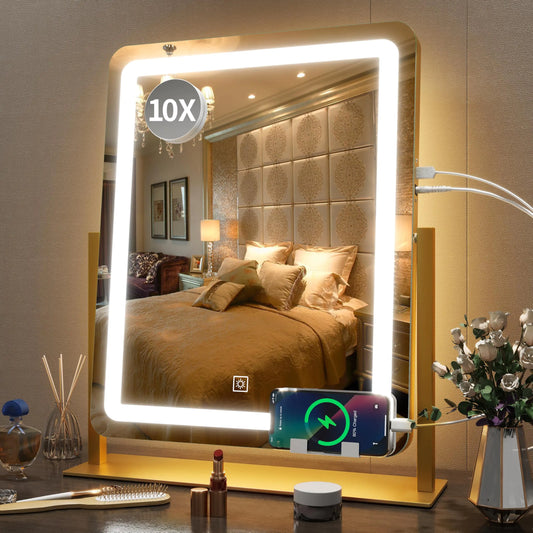 Vanity Mirror with Lights 22 Inch- LED Lighted Makeup Mirror, Large Makeup Mirror with Lights,Touch Screen with 3-Color Lighting,Led Mirror Makeup,Dimmable(Gold) Gold 19"x22"