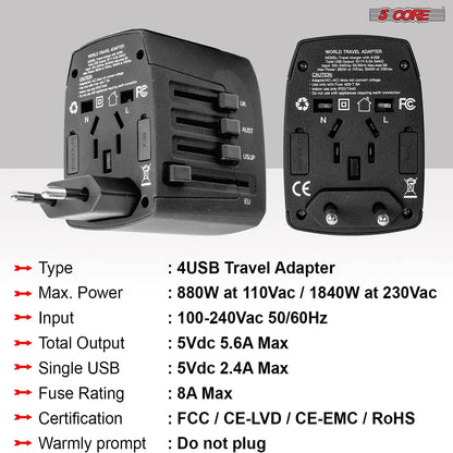 5Core Universal Travel Adapter International Power Adapters 3 Pack Multicharger Plug w 4 USB Ports - Anti Spier 