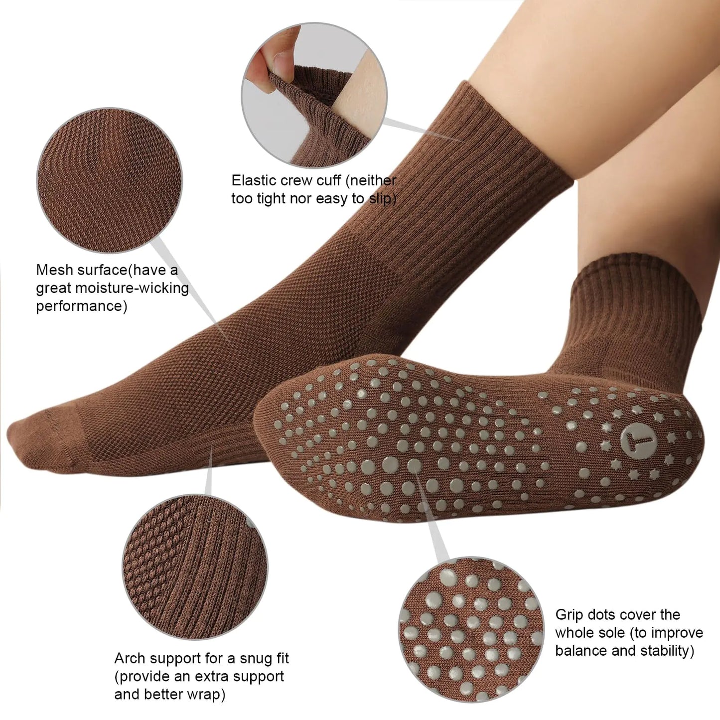 Toes Home Pilates Socks for Women with Non Slip Grippers, Yoga Crew Socks for Barre Hospital Sticky Slipper Socks 4 Pairs 6-10 Tan