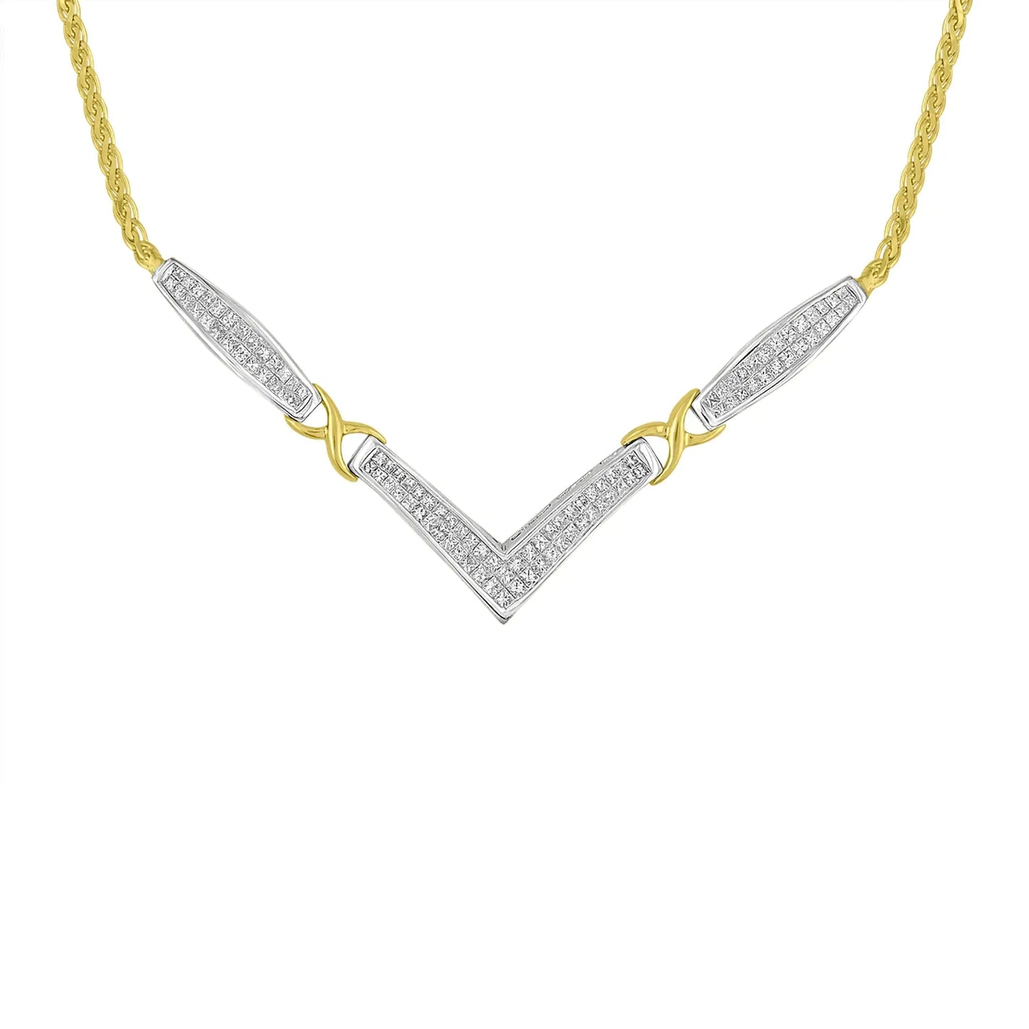 14K Yellow and White Gold 2.0 Cttw Princess Cut Diamond Flared and X-Station V Shaped 18” Franco Chain Statement Necklace (H-I Color, SI2-I1 Clarity) - Anti Spier 