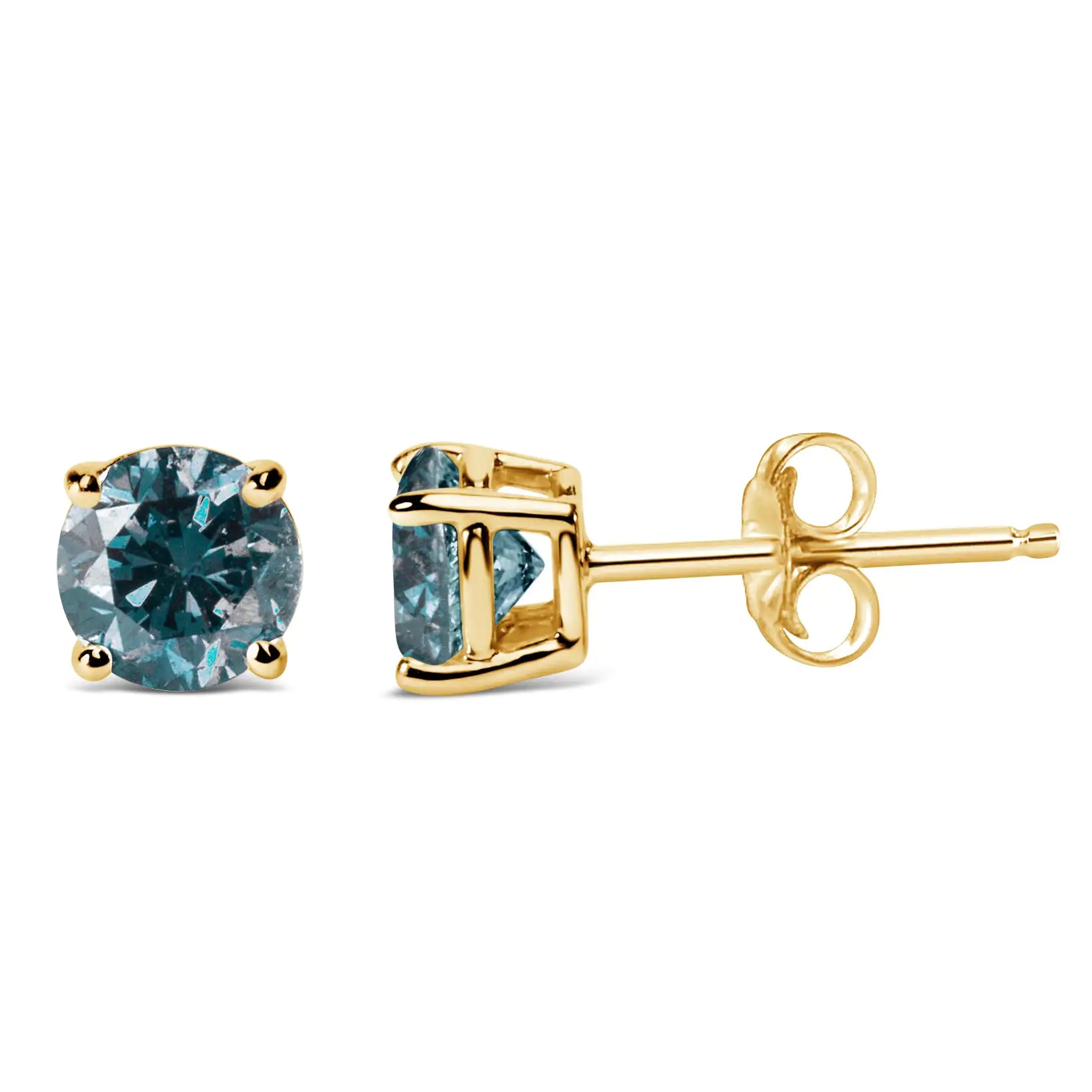 14K Gold Round Brilliant Cut Lab Grown Blue Diamond 4-Prong Classic Solitaire Stud Earrings with Pushbacks - Anti Spier 