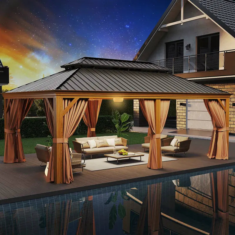 20Ft. W x 12Ft. D Outdoor Cedar Framed Gazebo with Steel Hardtop Permanent Wooden Finished Pavilion