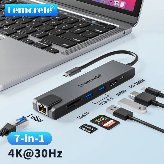 Lemorele 5in1 USB Type c Hub HDMI RJ45 Lan Adapter USB c Hub HDMI PD 100w TF/SD Card Slot Multiport Adapter For MacbookPro