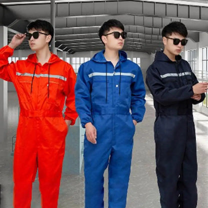 Work Overalls Hooded Drawstring Reflective Zipper Pockets Loose Safety Worker Coveralls Mechcanic Jumpsuit Auto Working Uniform