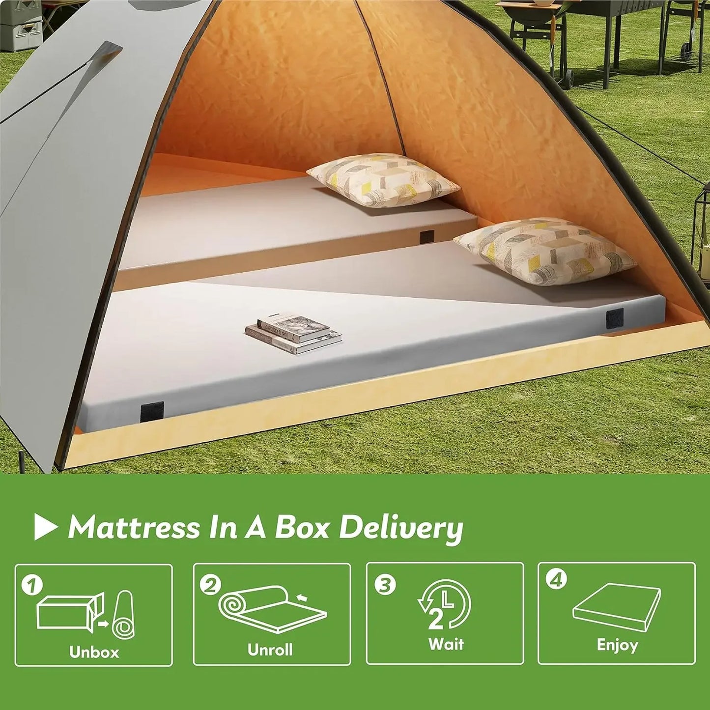 Memory Foam Camping Mattress 2.5 inch, Kids Portable Roll Up Camping Sleep Topper with Waterproof and Non-Slip Bottom