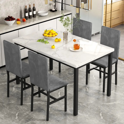 Dining Table Set for 4, 5-Piece Marble DiningTableSet with 4 Velvet Metal Frame Chairs for Kitchen, Bar, Living Room