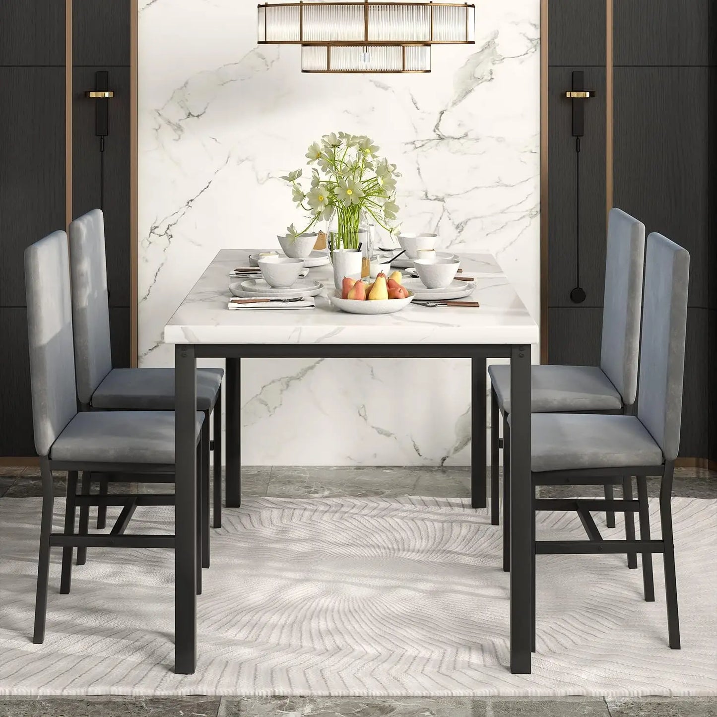 Dining Table Set for 4, 5-Piece Marble DiningTableSet with 4 Velvet Metal Frame Chairs for Kitchen, Bar, Living Room