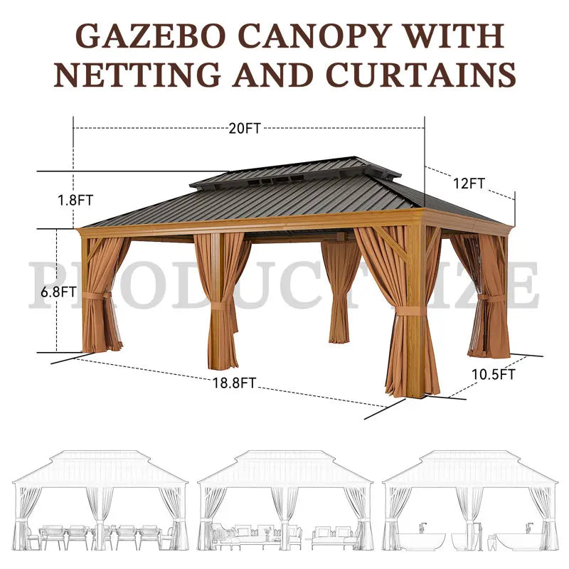 20Ft. W x 12Ft. D Outdoor Cedar Framed Gazebo with Steel Hardtop Permanent Wooden Finished Pavilion