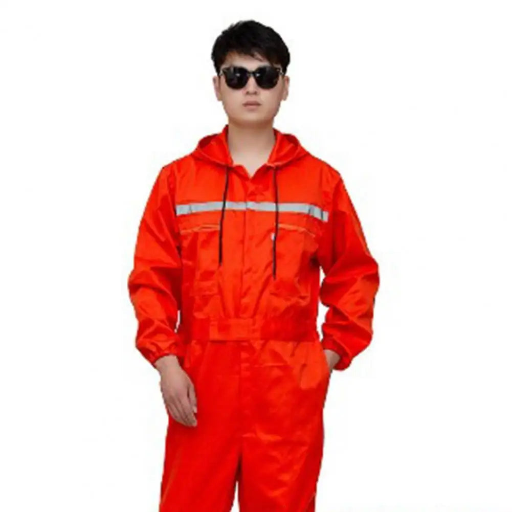 Work Overalls Hooded Drawstring Reflective Zipper Pockets Loose Safety Worker Coveralls Mechcanic Jumpsuit Auto Working Uniform