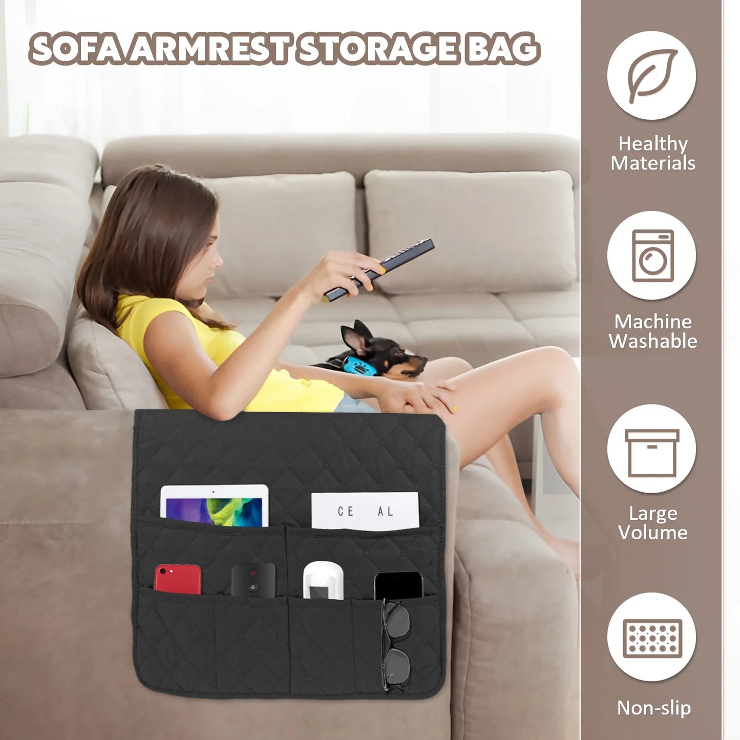 Sofa Armrest Storage Bag with 6 Pockets Waterproof Remote Organizer Reusable Sofa Storage Caddy Washable Armchair Organizer