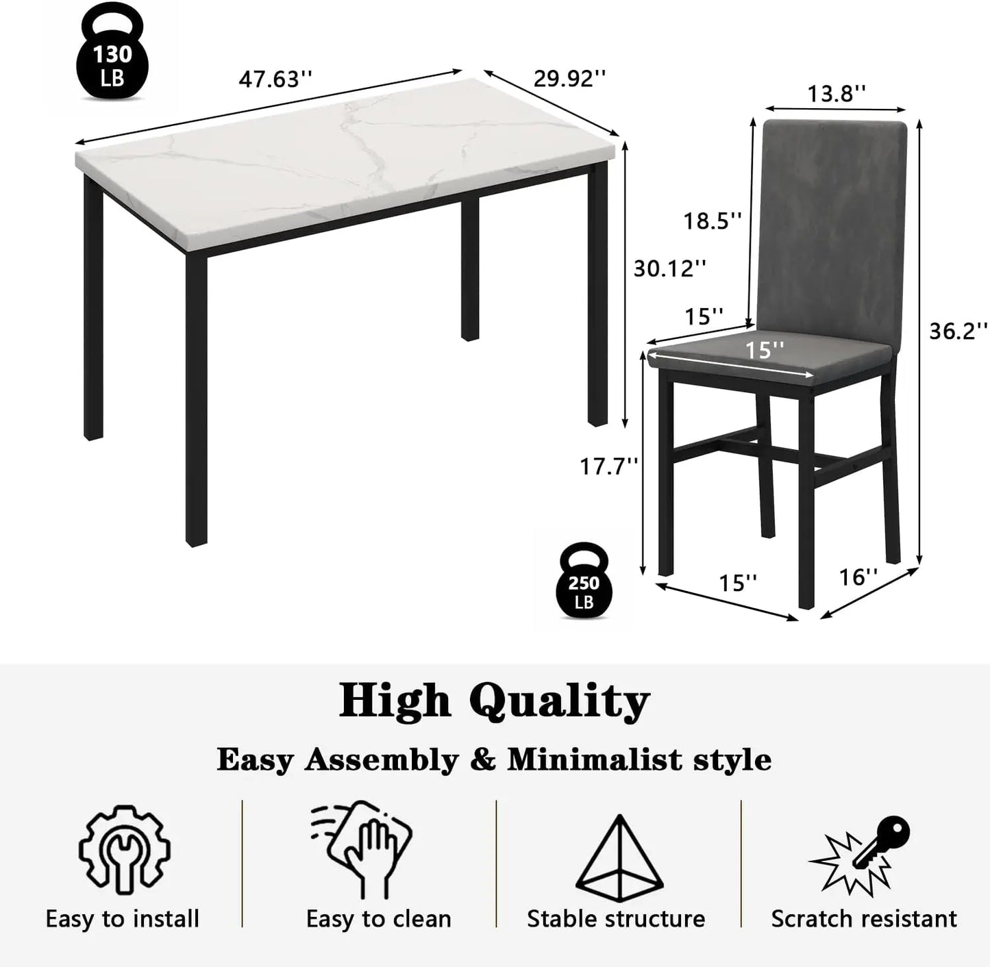 Dining Table Set for 4, 5-Piece Marble DiningTableSet with 4 Velvet Metal Frame Chairs for Kitchen, Bar, Living Room