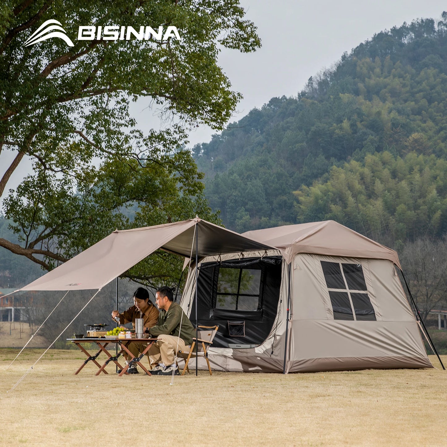 BISINNA One-touch Ridge Type Tent Titanium Glue 3-4 Person Outdoor Automatic Camping Family Tent