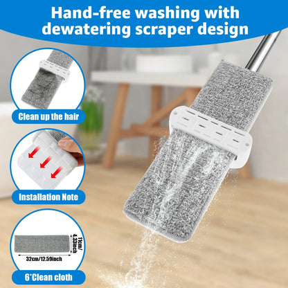 Microfiber Flat Mop 360 ° Rotating Flat Floor Mop Self Wringing Dust Mop with Dewatering Scraper for Kitchen Home Cleaning Mop