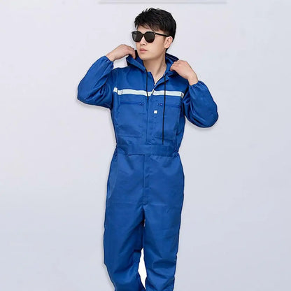 Work Overalls Hooded Drawstring Reflective Zipper Pockets Loose Safety Worker Coveralls Mechcanic Jumpsuit Auto Working Uniform