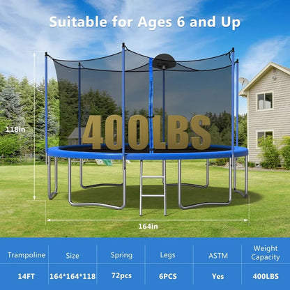 14 FT Outdoor Trampoline for and Adults With Basketball Hoop & Enclosure Net Jump Gym Elastic Bed Protector Trampoline Fitness