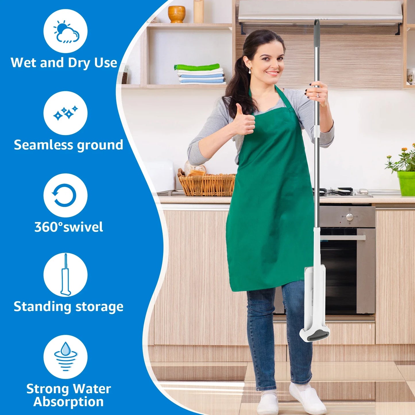 Microfiber Flat Mop 360 ° Rotating Flat Floor Mop Self Wringing Dust Mop with Dewatering Scraper for Kitchen Home Cleaning Mop