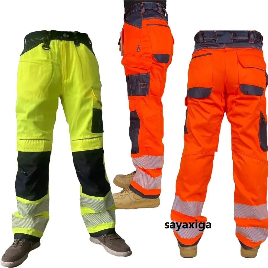 Reflective Stripe Pants Multi Pockets Cotton Construction Work Pants for Men Ouddoor Road Workwear Trousers Safety Cargo Pants