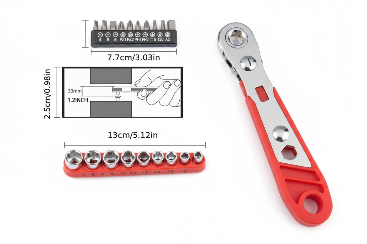 Red ratchet wrench and socket set on a gray background