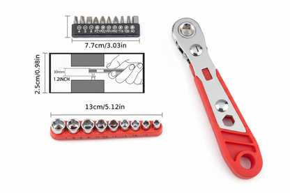 Red ratchet wrench and socket set on a gray background