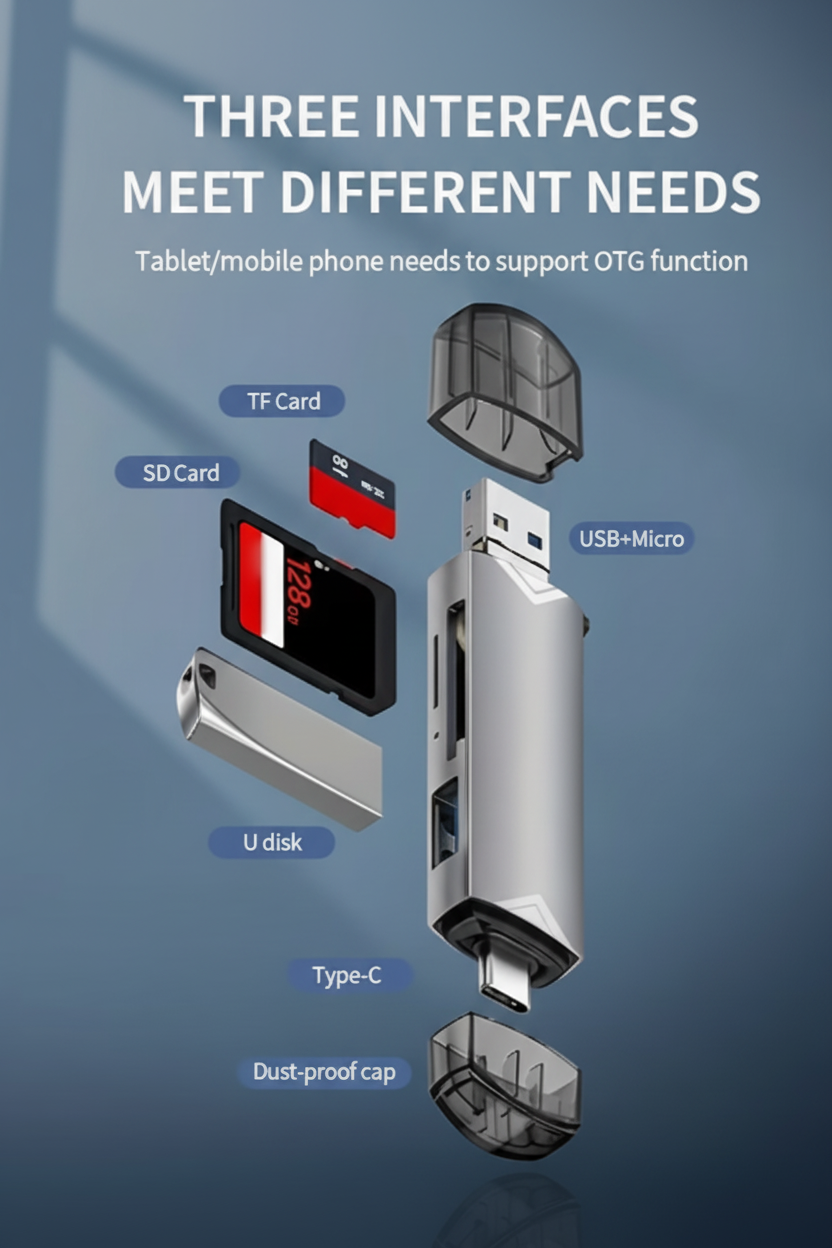 Multifunctional device with various interfaces on a blue background