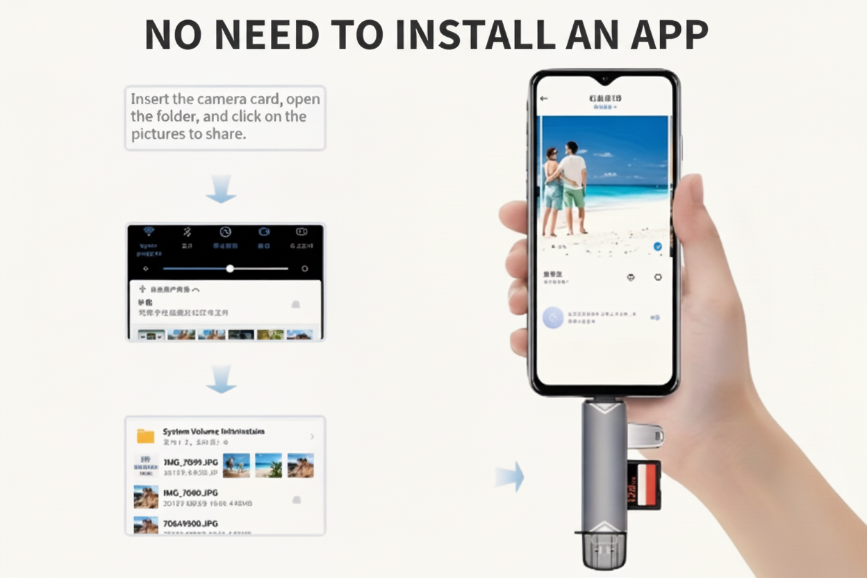 Smartphone with OTG adapter for batch photo transfer without app installation.