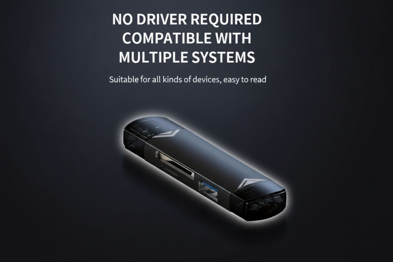 Black electronic device on a dark surface with text about driver compatibility.