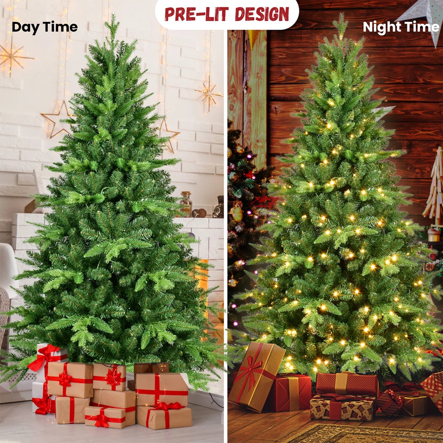 5ft / 6ft / 7ft Pre-lit Artificial Christmas Tree Automatic Open PE/PVC Mixed Flocking Xmas Tree LEDS Lights Xmas Ornaments