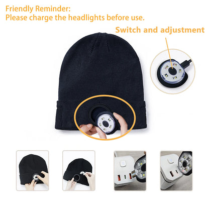 LED Beanie with The Light Unisex USB Rechargeable Headlamp Winter Knitted Cap Gifts For Men Dad Father USB Rechargeable Caps