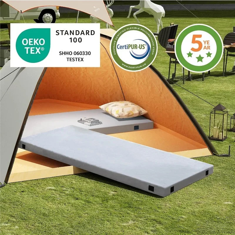 Memory Foam Camping Mattress 2.5 inch, Kids Portable Roll Up Camping Sleep Topper with Waterproof and Non-Slip Bottom