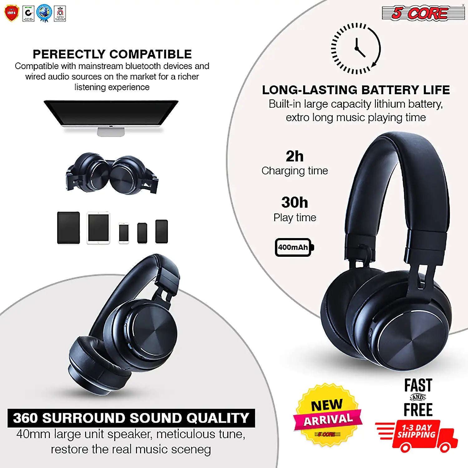 5Core Bluetooth Headphones Wireless Noise Cancelling Audifonos Inalambricos - Anti Spier 