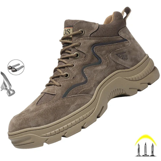 Reflective Strip Design Safety Work Shoes For Men Cow Suede Leather Indestructible Construction Boots Steel Toe Male Footwear