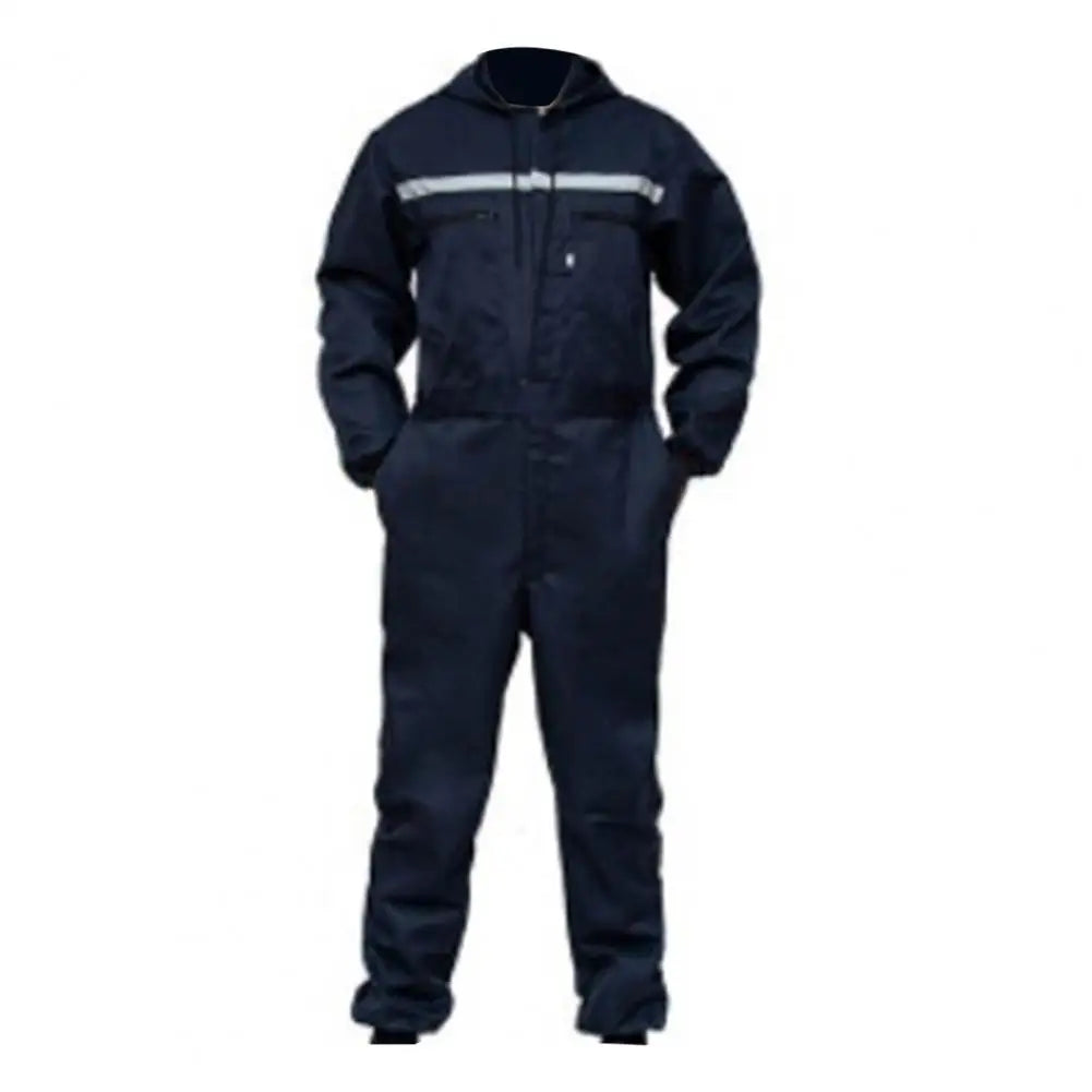 Work Overalls Hooded Drawstring Reflective Zipper Pockets Loose Safety Worker Coveralls Mechcanic Jumpsuit Auto Working Uniform