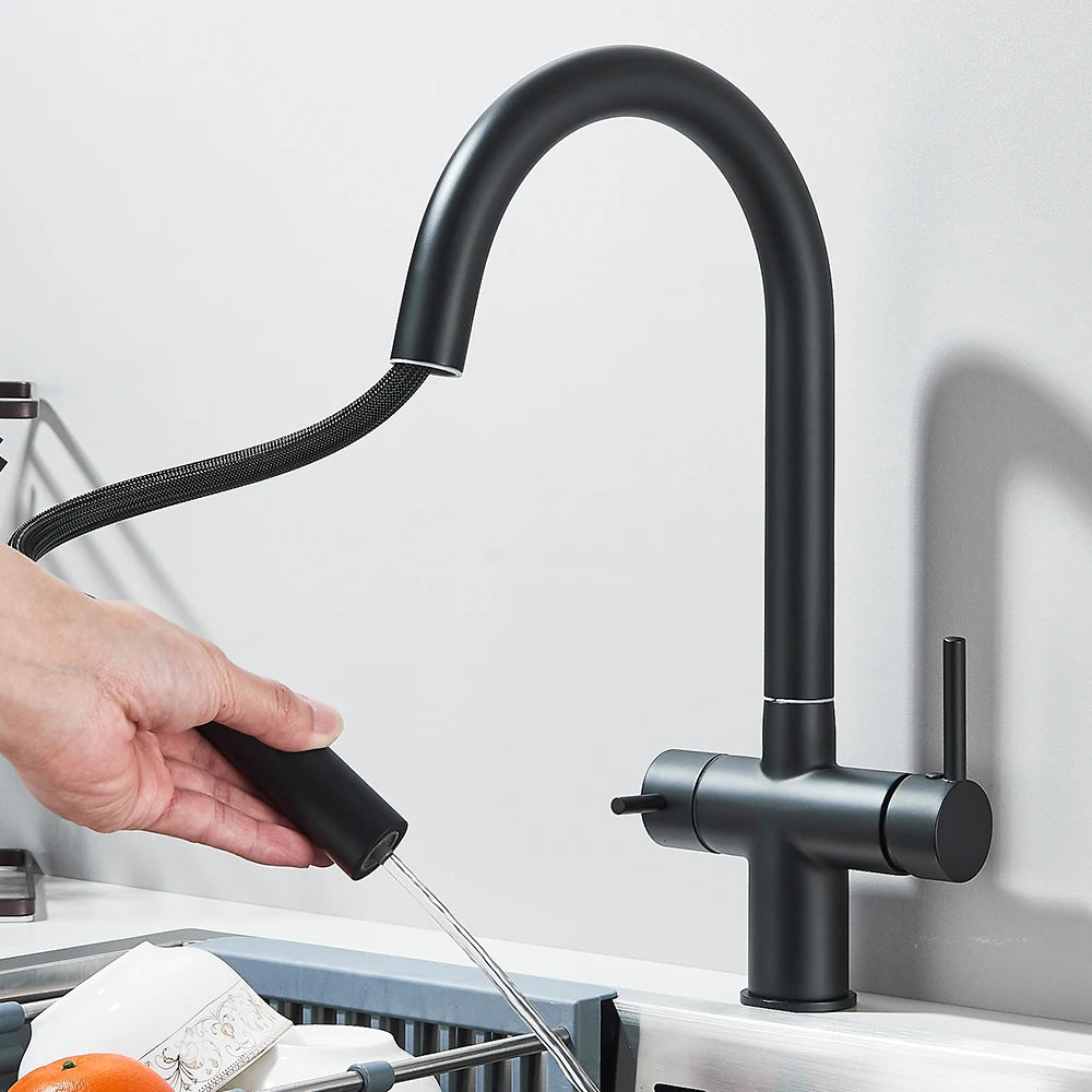 Filtered Kitchen Sink Faucet With Retractable Sprayer Brass Water Filter Tap Drinking Water Tap Vessel Sink Mixer For Kitchen