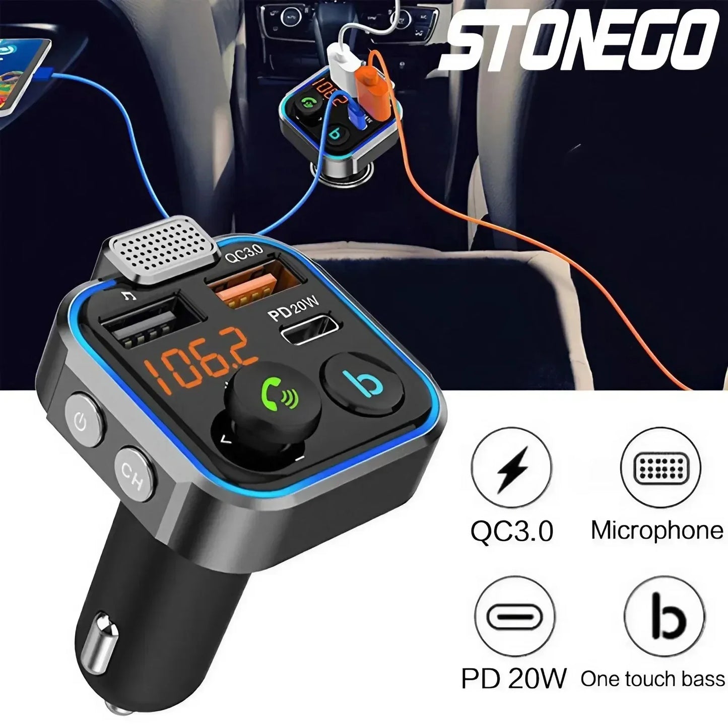 Bluetooth 5.0 FM Transmitter Car Kit - Wireless Hands-Free MP3 Player, Dual USB Quick Charger, PD 20W + QC 3.0, Car Audio Receiv